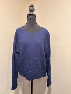 Vintage J. Crew Fleece Navy Sweater with Tiny Red Hearts, Round Neckline, size L